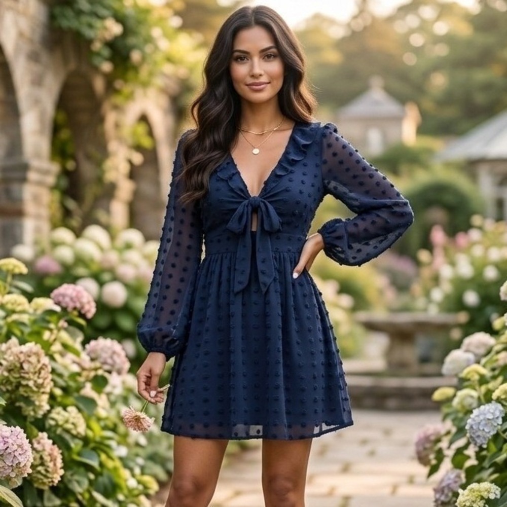 Verte Mini Dress L Navy Blue Clip Dot Tie Front Ruffle Sheer Balloon Sleeve Boho